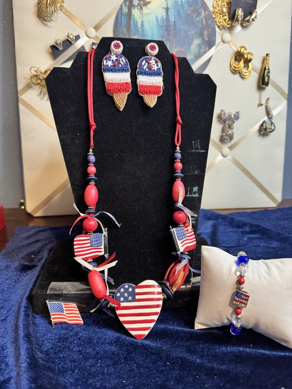 FUN Patriotic Vintage Bundle!Handmade Necklace, Pin, Earrings, Bracelet, & Ring